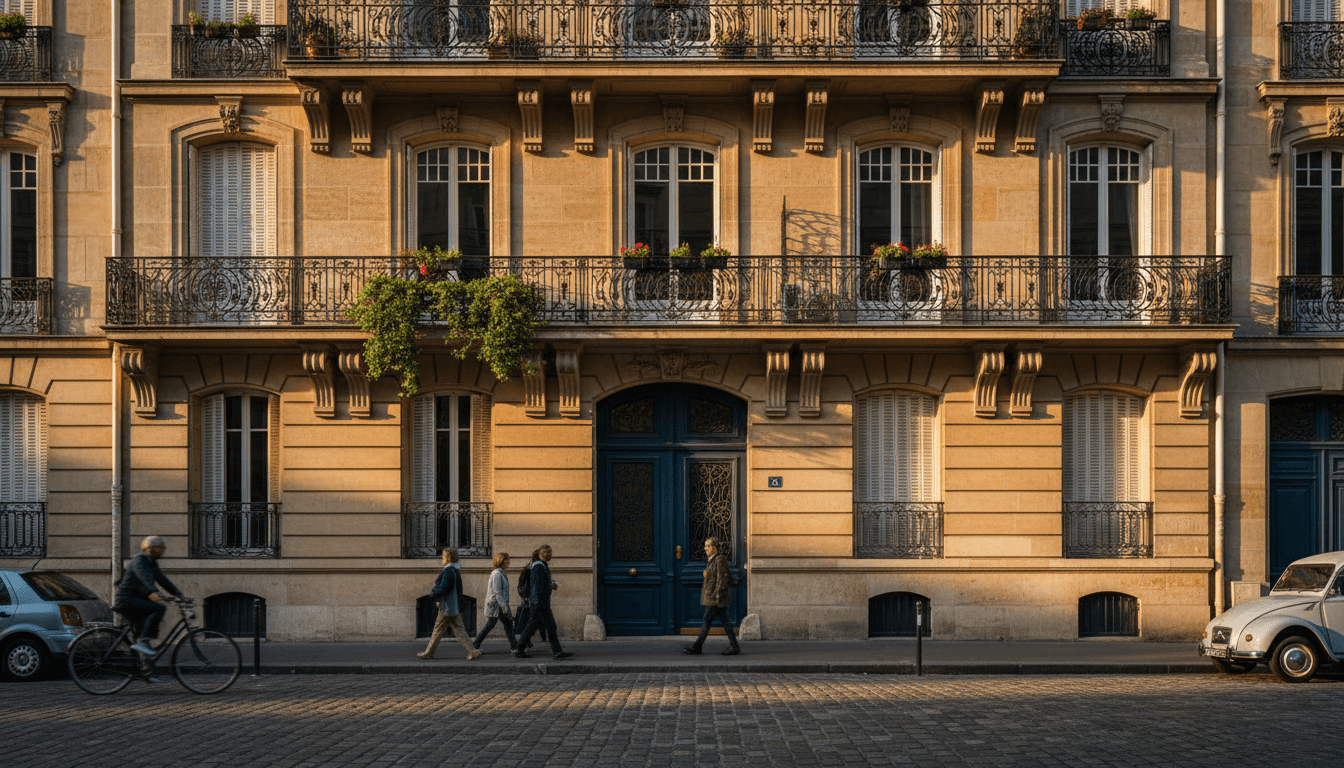 Façade d'un immeuble haussmannien à Vincennes baigné de lumière d'après-midi